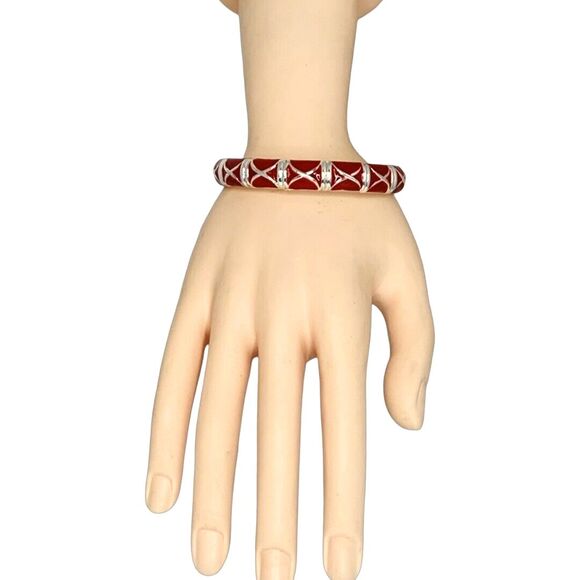 Vintage Red Silver Tone Bangle Bracelet 7.5" Hinged Nautical Formal Christmas - Picture 8 of 10